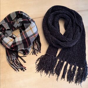 Plaid and Knit Fringe Scarves Set